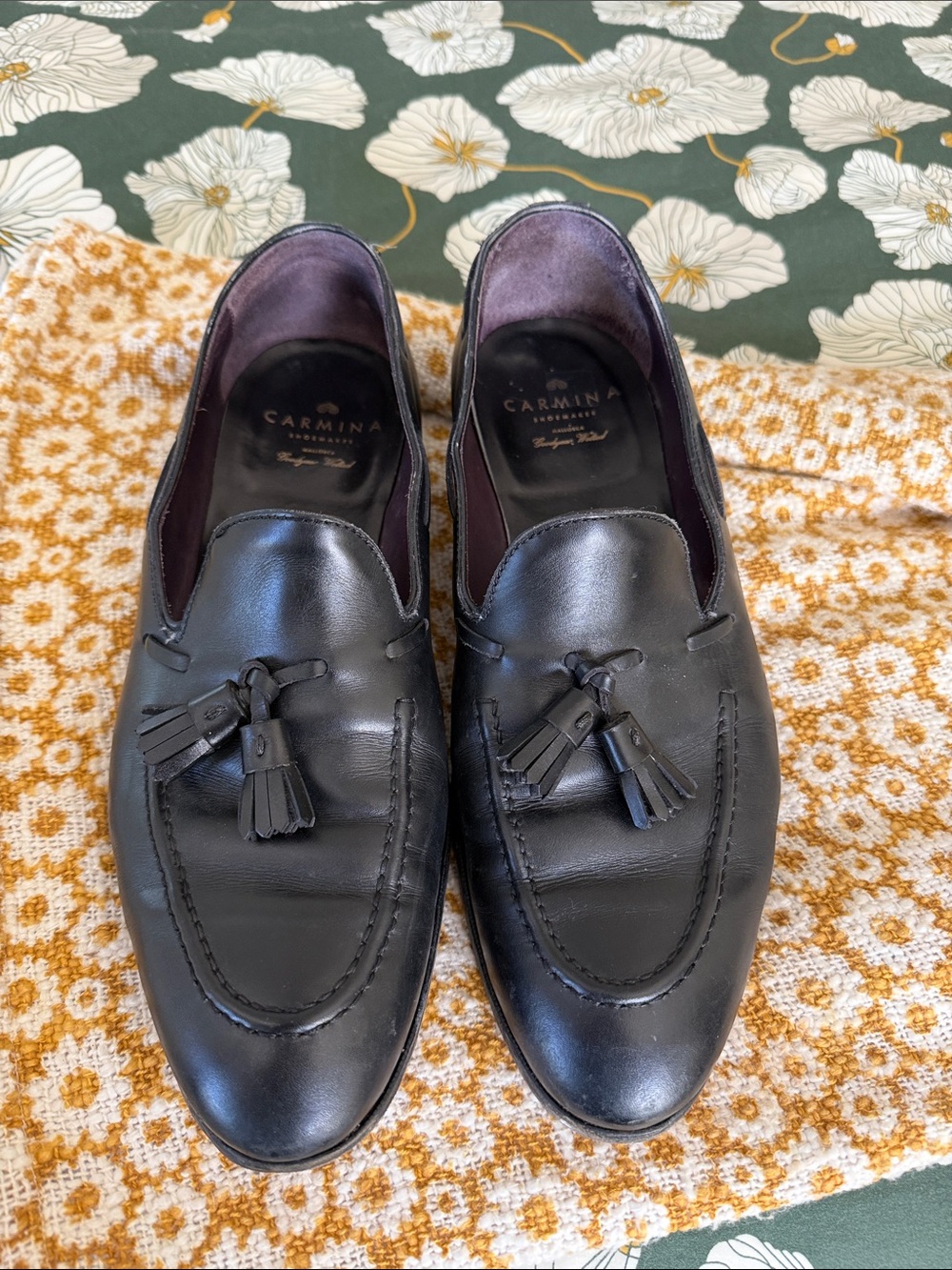 Carmina Black Leather Tassel Slip-On Loafers